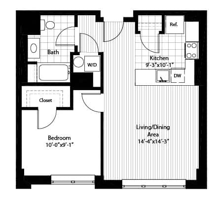 A floor plan of a house with a bedroom, bathroom, kitchen, living/dining area, and closet.