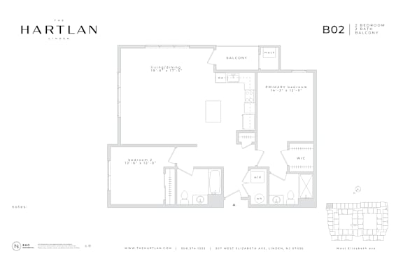 A floor plan for a 2 bedroom, 2 bathroom apartment.