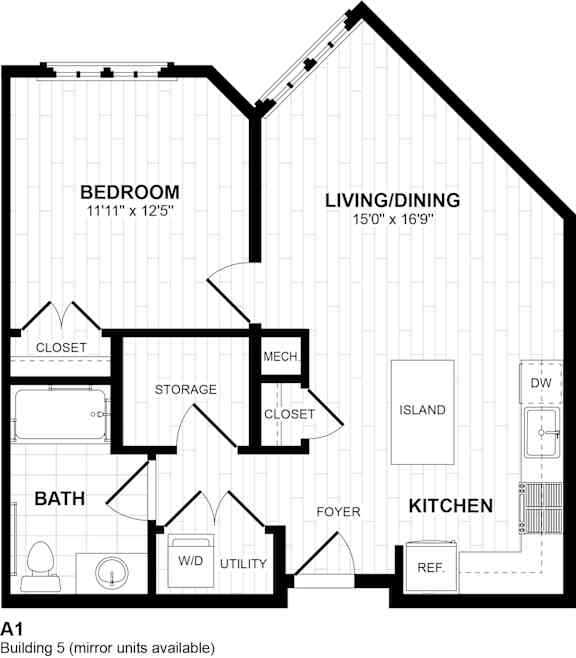 One bedroom floor plan with storage and utility rooms at Inwood at Renaissance Square Apartments, Marlton, New Jersey
