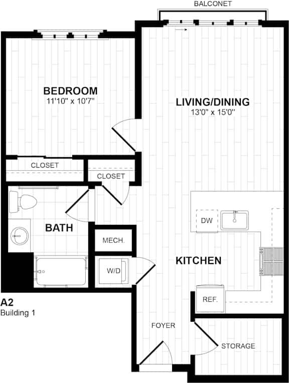 A2 one bedroom floor plan with balcony and foyer at Inwood at Renaissance Square Apartments, Marlton