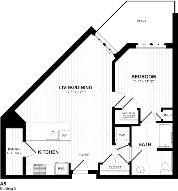 A5 one bedroom floor plan with patio and foyer at Inwood at Renaissance Square Apartments, Marlton, NJ 08053