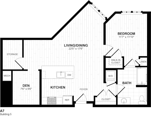 A7 one bedroom floor plan with den and vaulted ceiling at Inwood at Renaissance Square Apartments, Marlton, 08053
