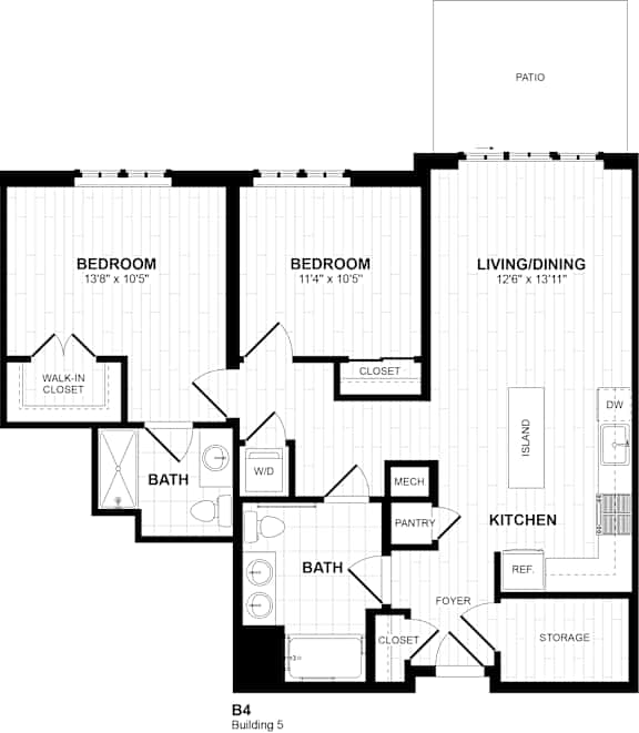 Two bedroom two bath floor plan with patio at Inwood at Renaissance Square Apartments, Marlton