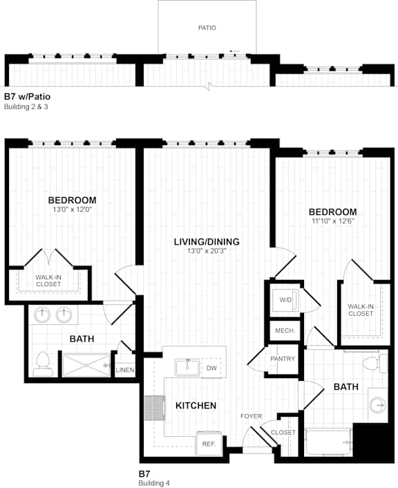 B7 two bedroom floor plan with dual walk-in closets at Inwood at Renaissance Square Apartments, Marlton, NJ 08053