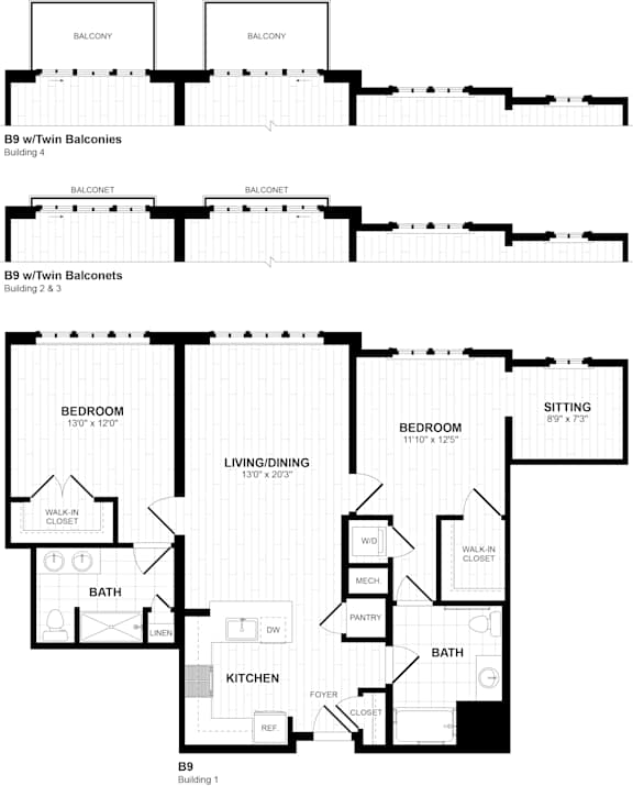 B9 two bedroom floor plan with twin balconies at Inwood at Renaissance Square Apartments, Marlton, 08053