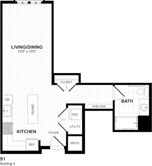 S1 studio floor plan with kitchen island and utility room at Inwood at Renaissance Square Apartments, Marlton, New Jersey