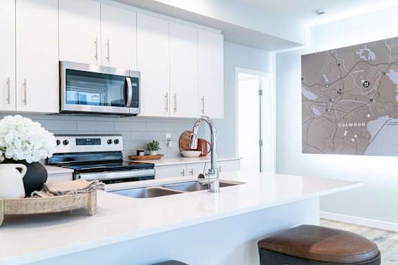 A modern kitchen with a white countertop and a map on the wall.