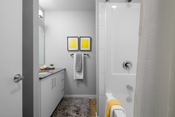 a bathroom with a shower and a sink and a mirror