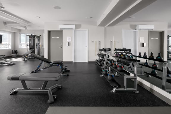 a gym with rows of exercise benches and weights on the floor