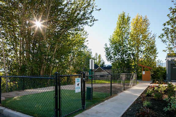 A sunny day at a park with a fence and a sign on it.