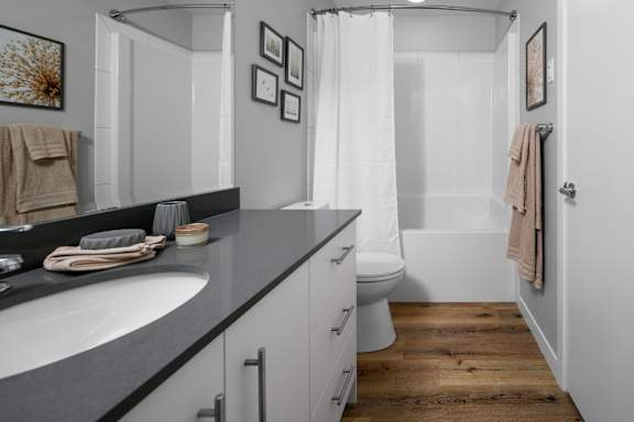 A bathroom with a white toilet, sink, and shower.