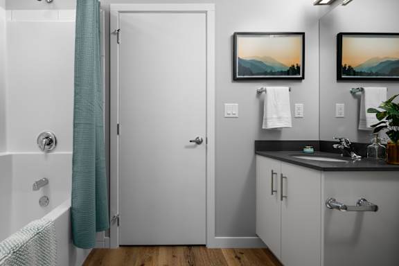 A bathroom with a white door, a black counter, and a green shower curtain.