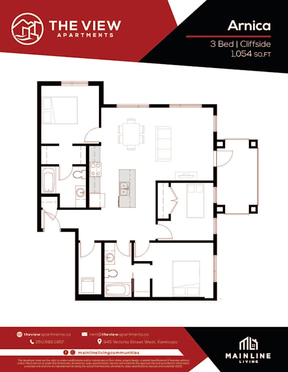 Apartment living in a building with 3 bedrooms and 1,054 sq.ft.