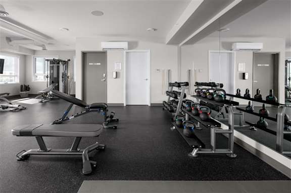 A gym with a variety of equipment including weights and weight machines.