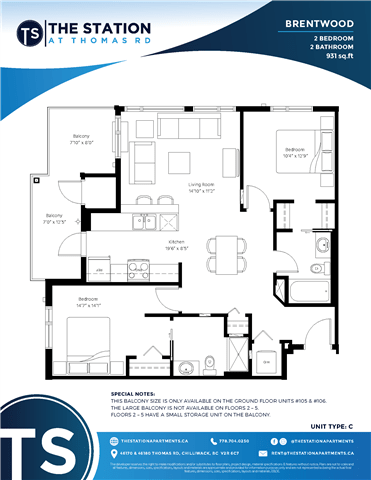 A floor plan for a two bedroom, two bathroom apartment at The Station at Thomas Rd.