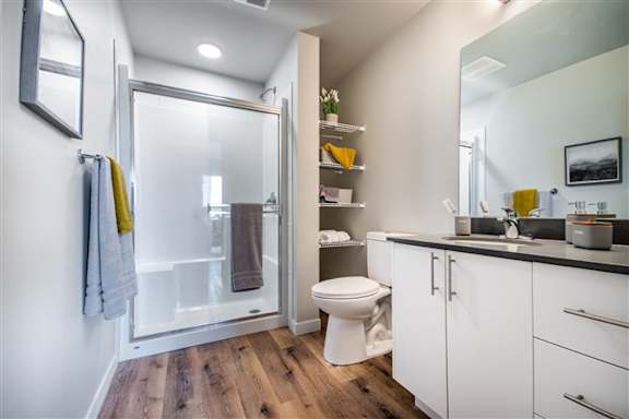 A bathroom with a toilet, sink, and mirror.