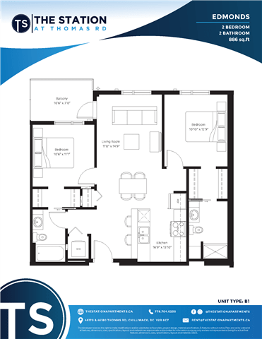 A floor plan for a unit at The Station at Thomas Road shows a 2 bedroom, 2 bathroom apartment.