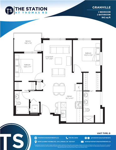 A floor plan for a 2 bedroom, 2 bathroom apartment at The Station at Thomas Rd.
