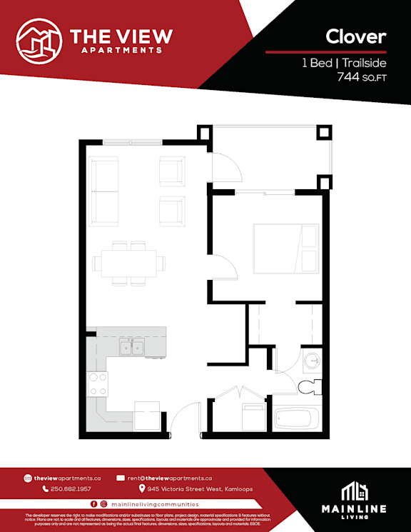A black and white image of a floor plan for a 1 bedroom apartment.