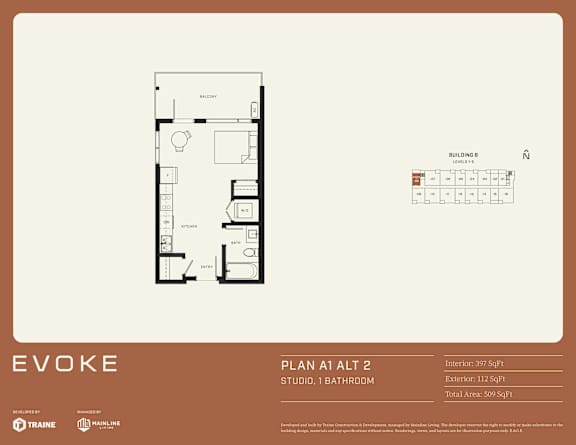 A floor plan for a studio apartment with a kitchen, living room, and bathroom.