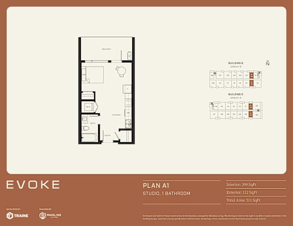 A floor plan for a studio apartment with a bathroom, measuring 399 square feet inside and 112 square feet outside.
