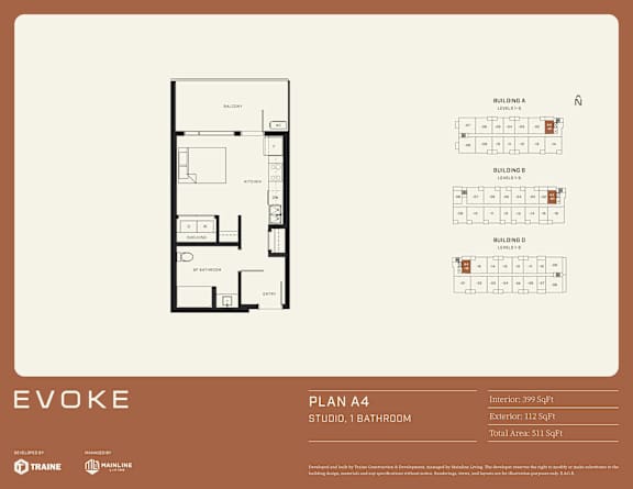 A floor plan for a studio apartment with one bathroom is displayed.