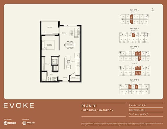 A floor plan for an apartment named EVOKE, Plan B1, with 1 bedroom and 1 bathroom.