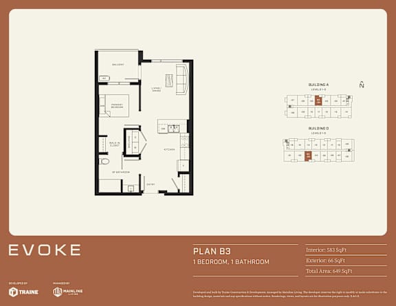 A floor plan for a property named EVOKE shows a living room, dining room, kitchen, and two bathrooms.
