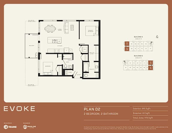 A floor plan for a property named EVOKE shows two bedrooms and two bathrooms.