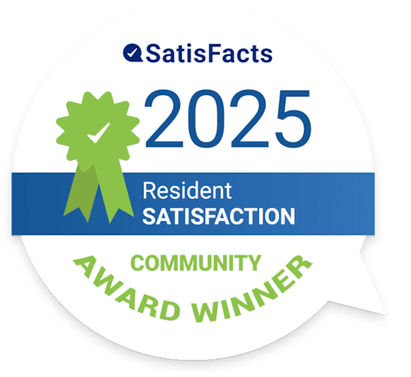 A badge indicating a 2025 Satisfaction Award from Satisfacts for a community.