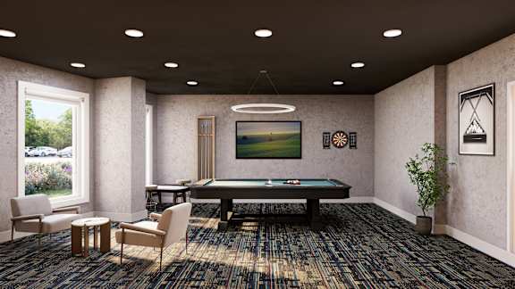 A room with a pool table and a painting on the wall.