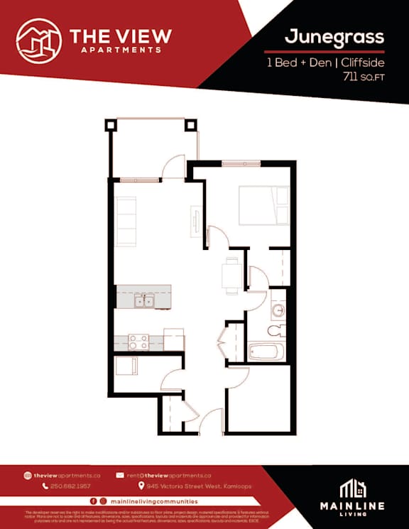 A floor plan for a 1 Bed + Den, Cliffside 711 SQ.FT apartment at The View Apartments.