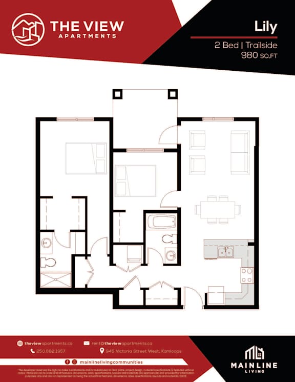 A floor plan for a 2 Bed Trailside apartment at The View Apartments.