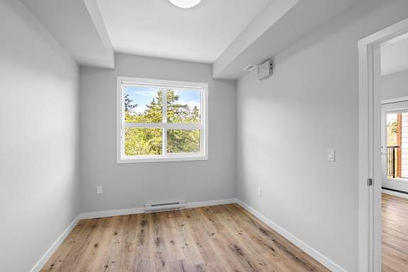 A room with a window showing a tree outside.
