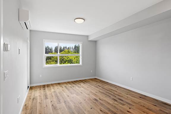 A room with a window showing a view of trees and greenery.