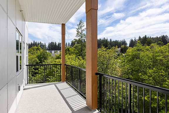 A balcony with a view of a forest.