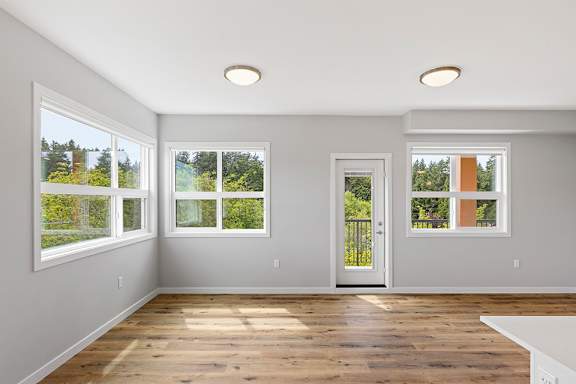 A room with a white door and windows overlooking a green landscape.