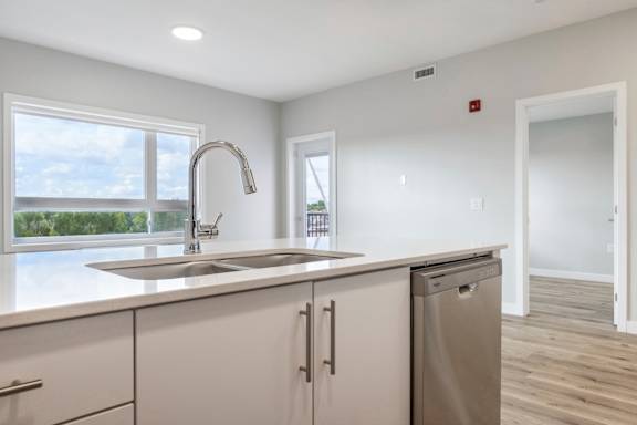 A kitchen with a stainless steel sink and white cabinets.