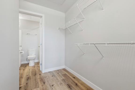 A white bathroom with a toilet and a wall of shelves.