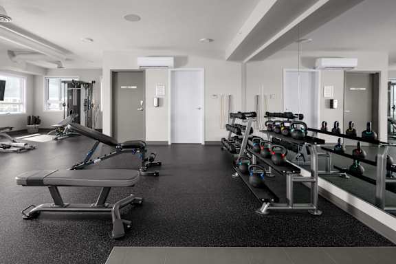 A gym with a variety of equipment including weights and weight machines.