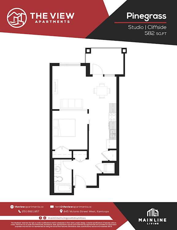 A black and white floor plan for a studio apartment at The View Apartments.
