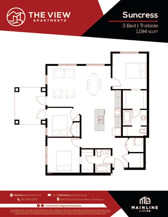 A floor plan for a 3 bedroom, 1194 sq.ft apartment from The View Apartments.