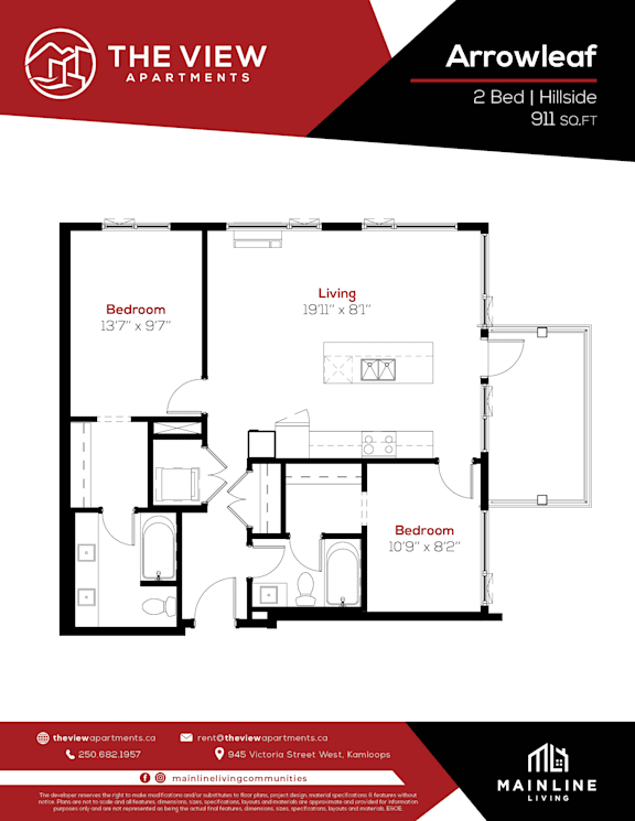 A floor plan for a 2 Bedroom 111 Sq.Ft apartment at The View Apartments.