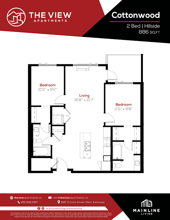 A floor plan for a 2 Bedroom apartment at The View Apartments.