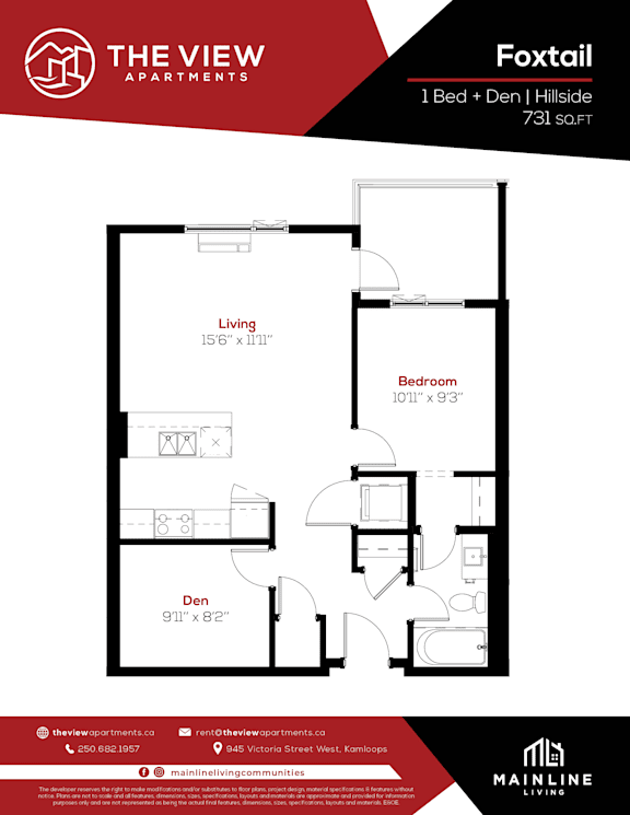 A floor plan for a 1 bedroom, den apartment at The View Apartments.