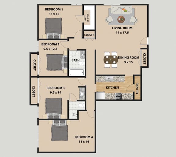 A floor plan of a house with four bedrooms and a living room.
