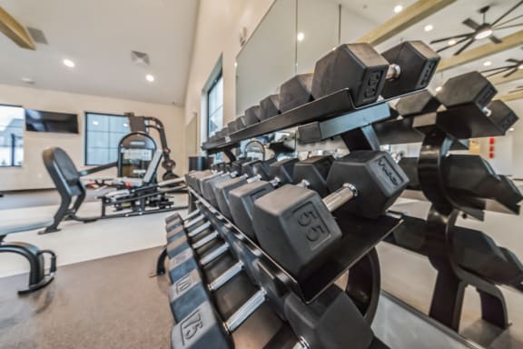 a gym with dumbbells and other exercise equipment at The BLVD at Wilson Crossings, Wyoming