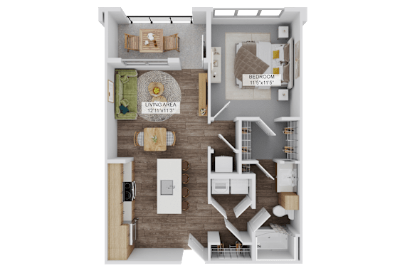 Floor Plan  A 115 square meter apartment with a living area, bedroom, and kitchen.