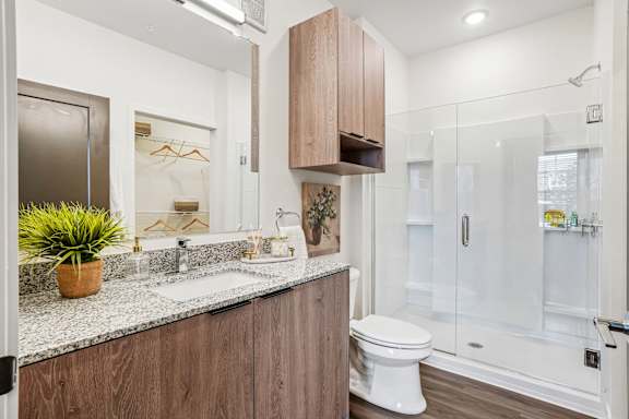 A bathroom with a white toilet and a wooden counter.