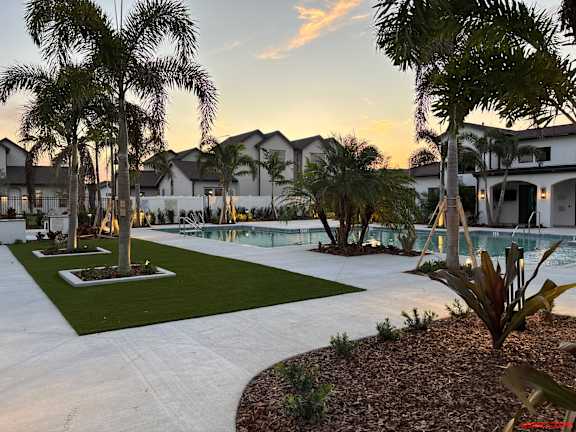 A beautiful outdoor residential area with a swimming pool surrounded by palm trees.